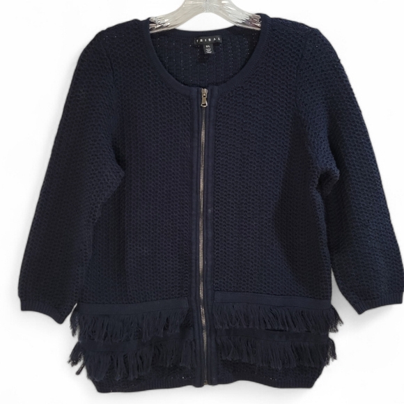 Tribal Navy Fringed Cotton‎ Cardigan Full Zip Women's Size Large - Picture 1 of 8